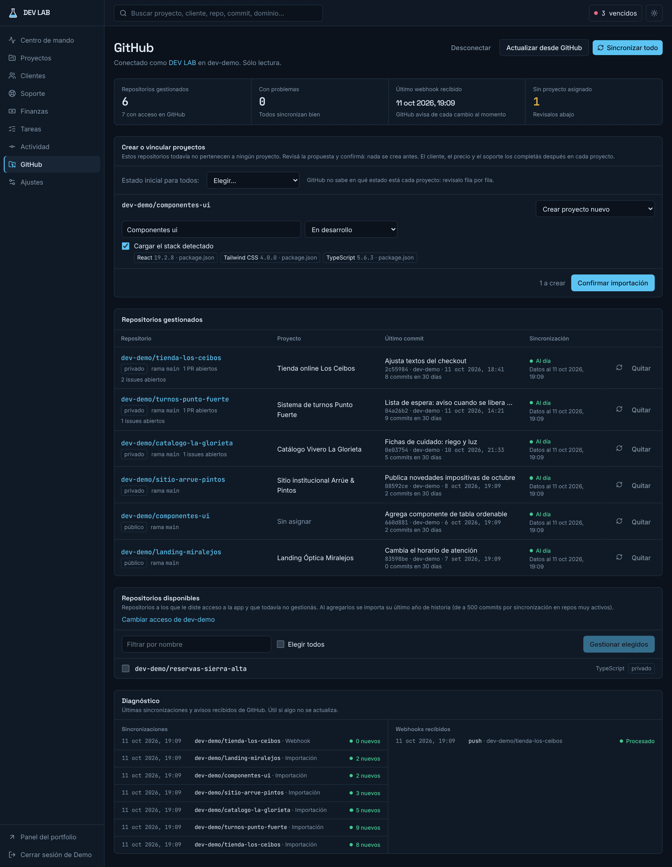 DEV LAB — integración con GitHub e importación de repositorios (datos de demostración)